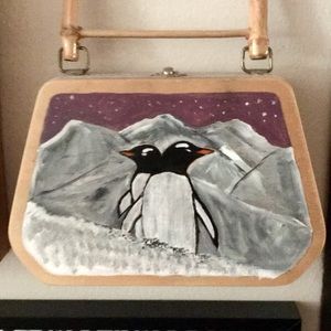 SORRY NOT FOR SALE!EUC Old Wood Purse Hand-painted Penguin 4 Mom/Girl